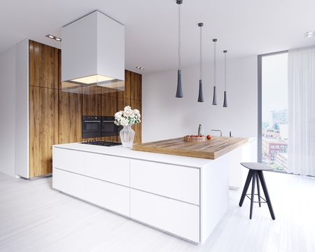 Designed corner white kitchen in the Scandinavian style. With hardwood bar top with pendant lights and hood. 3d renderingの写真素材