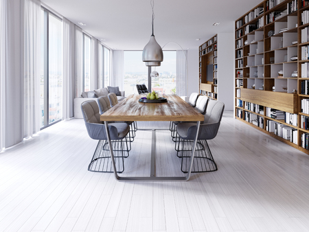 Designer dining table in the loft-style apartment with large hanging lamps, hardwood tabletop, creative chairs. 3d renderingの写真素材
