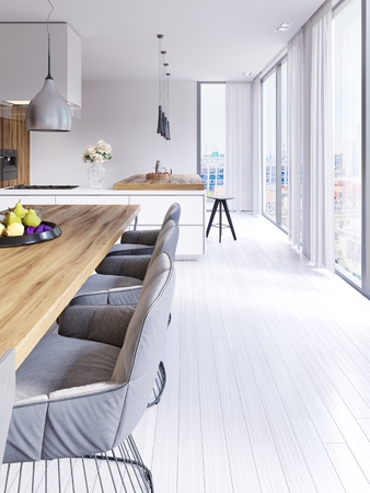 Scandinavian styled dining room and open plan kitchen with city outlook. 3d renderingの写真素材