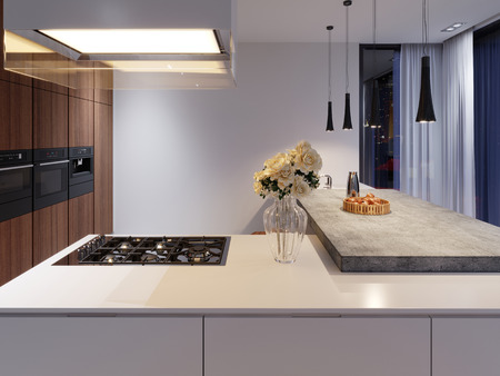 Contemporary kitchen with hob and built-in appliances, white and hardwood facade. concrete table top bar. 3d rendering.の写真素材