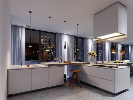 White luxury kitchen in contemporary house. 3d renderingの写真素材
