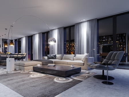 Spacious living room with huge sofa in a luxury apartment. 3d renderingの写真素材