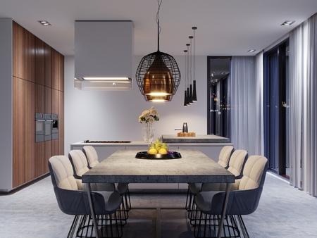 A large dining table with a concrete worktop, large designer hanging lamps and six stylish chairs. 3d rendering.の写真素材