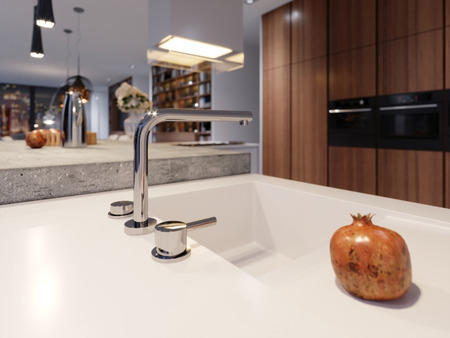 Modern steel mixer with a chrome finish in the new contemporary kitchen. 3d renderingの写真素材