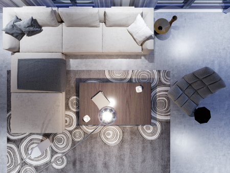 luxurious new corner sofa, top view, in a modern fashionable style, with a magazine table, a floor lamp and an armchair. 3d renderingの写真素材