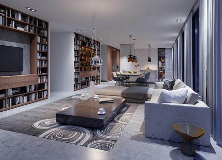 Cozy modern living room in the evening with a corner sofa, designer armchairs and a magazine table with a floor lamp. 3d renderingの写真素材