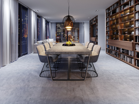 Loft-style dining room with large table and solid concrete worktop, six soft chairs in a creative design. 3d rendering.の写真素材