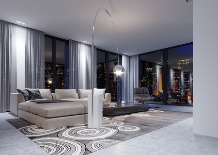 A huge white corner sofa with a modular system in the evening interior near large panoramic windows. 3d rendering.の写真素材