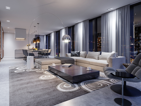 Cozy modern living room in the evening with a corner sofa, designer armchairs and a magazine table with a floor lamp. 3d renderingの写真素材