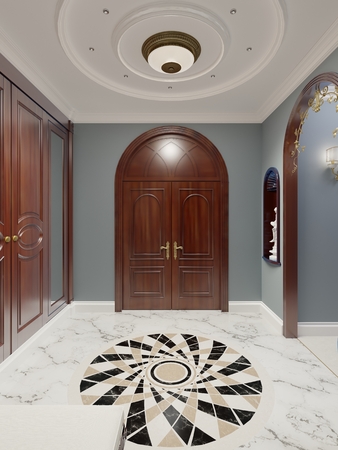 The luxurious apartment hall in a classic style with brown furniture and blue walls. Decorative niches in the wall with a statuette. 3d rendering.の写真素材