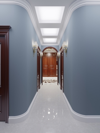 Classic style corridor with blue walls, brown doors and white marble floor. 3d rendering.の写真素材