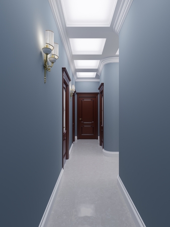 Classic style corridor with blue walls, brown doors and white marble floor. 3d rendering.の写真素材