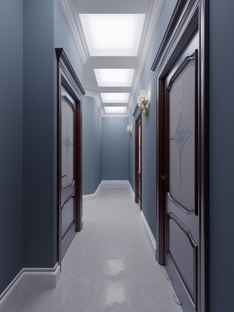 Classic style corridor with blue walls, brown doors and white marble floor. 3d rendering.の写真素材
