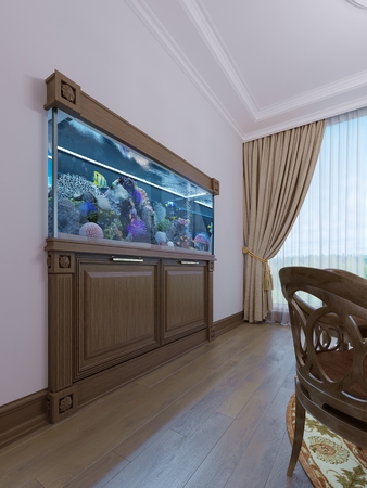 Built-in aquarium with a cabinet under it in a classic style in a wooden frame. 3d rendering.の写真素材