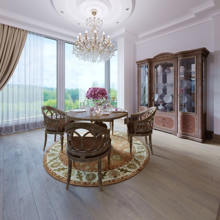 Stylish luxury classical interior of a dining room. Brown colors wooden interior design. 3d renderingの写真素材