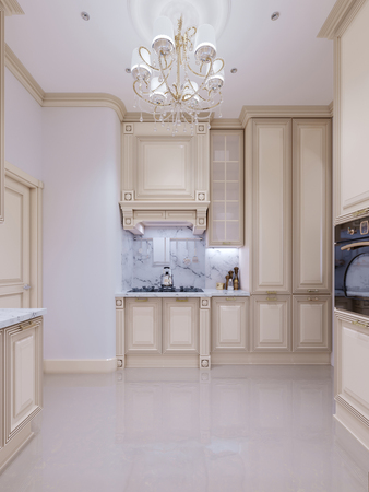 Beige kitchen in a classic modern style in the new house. 3d renderingの写真素材