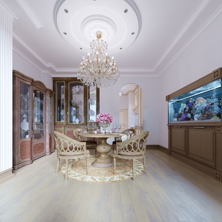 decoration and furniture in modern dining room. 3d renderingの写真素材