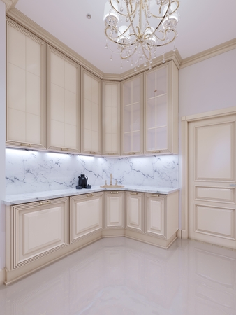 Classic kitchen, scandinavian minimal interior design with wooden details, 3d renderingの写真素材