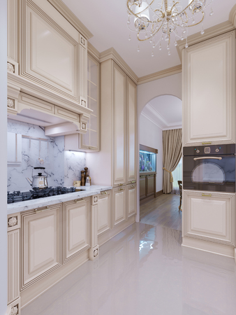 Beautiful kitchen interior in new luxury home with and view of living room.  Spacious open floor plan design. 3d renderingの写真素材