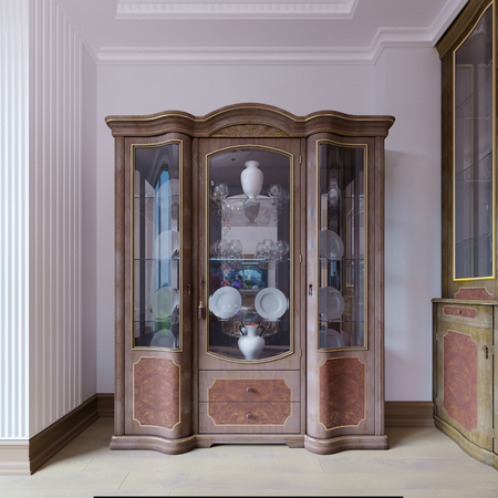 Glass sideboard in a classic form in the dining room with beautiful dishes. Wooden sideboard, carved wood. 3d renderingの写真素材