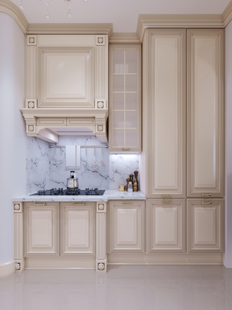 Classic kitchen, scandinavian minimal interior design with wooden details, 3d renderingの写真素材