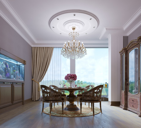 Luxurious wooden dining table and four chairs in the dining room with sideboard and aquarium. Carved wood. 3d renderingの写真素材