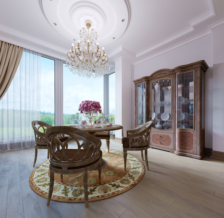 Luxury classic interior of dining room, kitchen and living room with brown furniture and crystal chandeliers. 3d renderingの写真素材