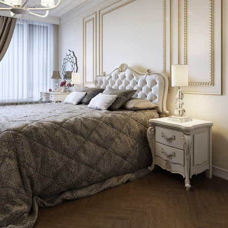 King-size bed in bright bedroom with big window. 3d renderingの写真素材