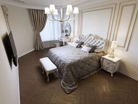 King-size bed in bright bedroom with big window. 3d renderingの写真素材
