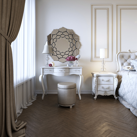 Boudoir table. Details of the interior of the bedroom and make-up, hairstyles with a mirror. 3d renderingの写真素材