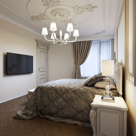 Classic bed with bedside tables and night lamps in art deco bedroom style. 3d rendering.の写真素材