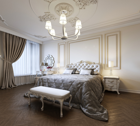 Urban Contemporary Modern Classic Traditional Bedroom Interior Design with beige walls, Elegant furniture and bed linen. 3d renderingの写真素材