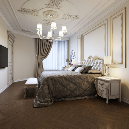 Urban Contemporary Modern Classic Traditional Bedroom Interior Design with beige walls, Elegant furniture and bed linen. 3d renderingの写真素材