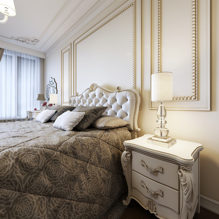 Classic bed with bedside tables and night lamps in art deco bedroom style. 3d rendering.の写真素材