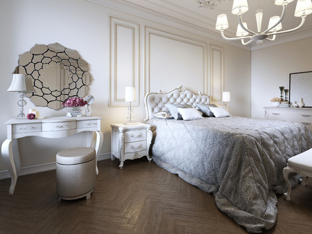 Minimalistic classic bedroom, light interior design, 3d renderingの写真素材