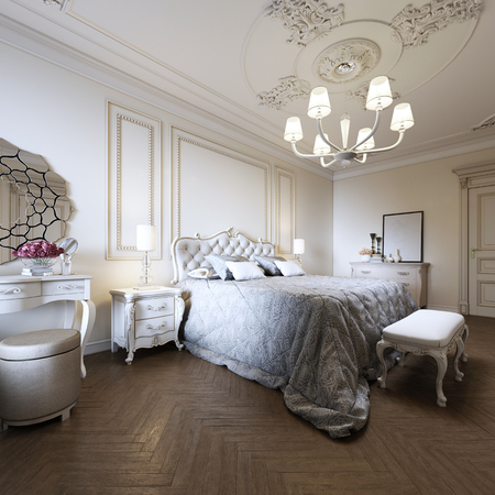 Minimalistic classic bedroom, light interior design, 3d renderingの写真素材