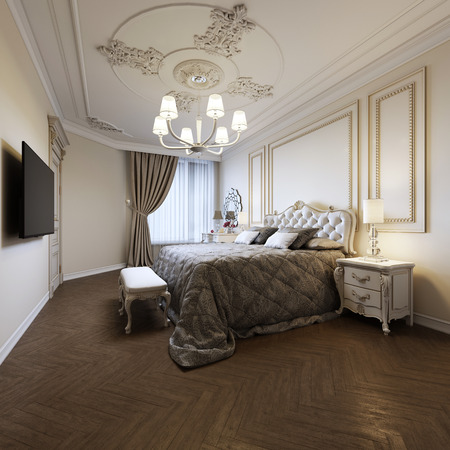 Luxurious bedroom with bed and bedside tables and dressing table. Concept interior, home, comfort, hotel. 3d renderingの写真素材
