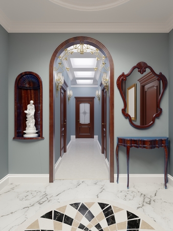 The luxurious apartment hall in a classic style with brown furniture and blue walls. Decorative niches in the wall with a statuette. 3d rendering.の写真素材