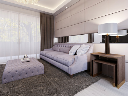 Luxurious quilted upholstered sofa with soft magazine table and side table with lamp. Art Deco modern living room. Large panoramic window with a curtain. 3d rendering.の写真素材