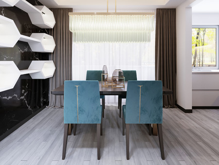 Luxury dining table with velor chairs and a massive table on bronze legs with a glass chandelier. 3d rendering.の写真素材