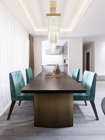 Bright dining room in contemporary style, with designer dining table and chairs. 3d rendering.の写真素材