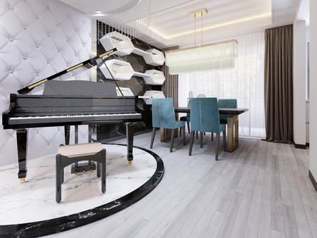 Black luxury piano on a marble podium, in a studio apartment with a leather designer quilted wall. Modern living room with dining area. 3d rendering.の写真素材
