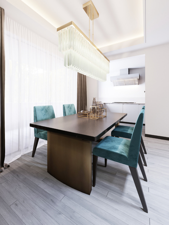 Luxurious dining room with dining table and kitchen. 3d rendering.の写真素材