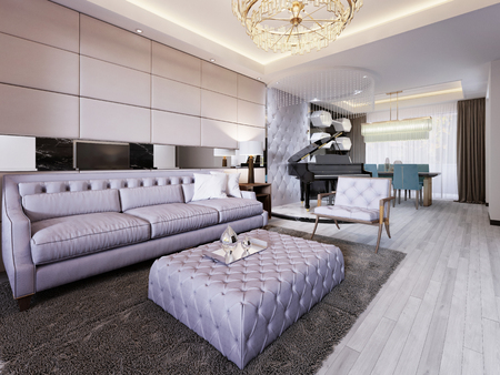 Luxurious living room in modern style with a quilted sofa, an armchair and a soft little table and a chandelier. Dining area and black piano on the marble podium. Lamp table. 3d rendering.の写真素材