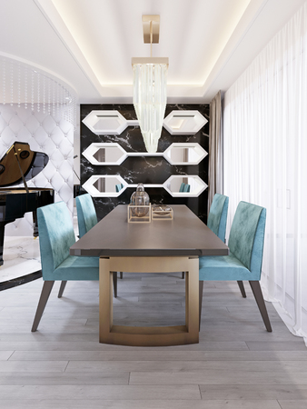 Bright dining room in contemporary style, with designer dining table and chairs. 3d rendering.の写真素材