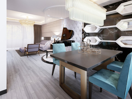 Modern dining room with art deco dining table. Decorative black marble wall with white shelves and mirrors. Designer table and chairs. 3d rendering.の写真素材