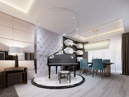Black luxury piano on a marble podium, in a studio apartment with a leather designer quilted wall. Modern living room with dining area. 3d rendering.の写真素材