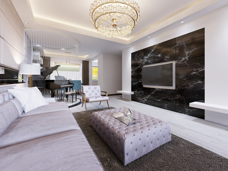 Built-in TV on the wall in the luxurious living room, black marble wall with TV and white shelves. Modern living room in contemporary style. 3d rendering.の写真素材