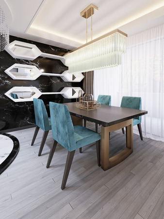 Modern dining room with art deco dining table. Decorative black marble wall with white shelves and mirrors. Designer table and chairs. 3d rendering.の写真素材