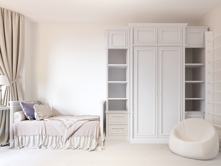 Children's play bedroom with a bed and a beautiful bedspread. 3d rendering.の写真素材